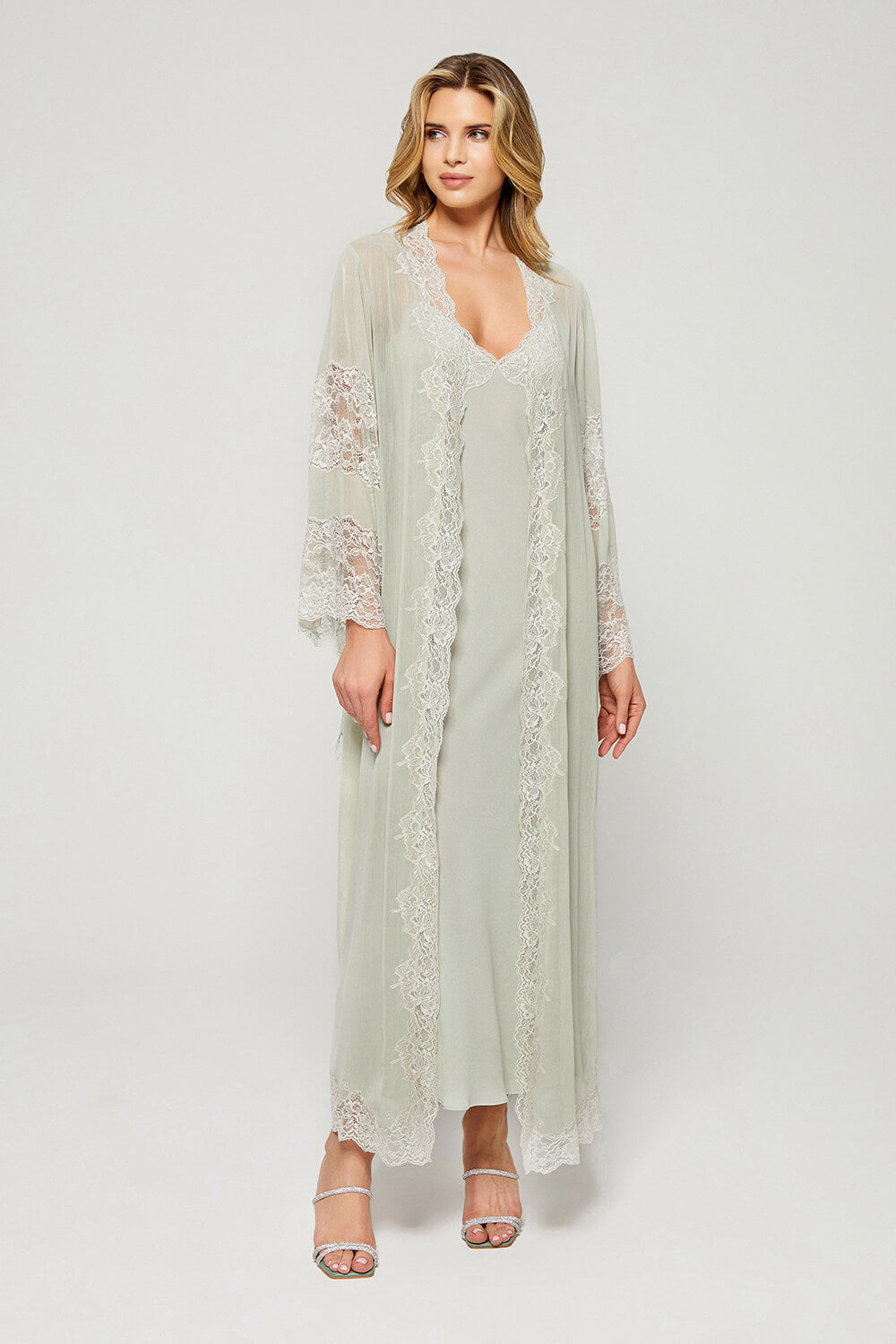 Lily - Long Silky Chiffon Robe Set - Mint Green on Mint Green