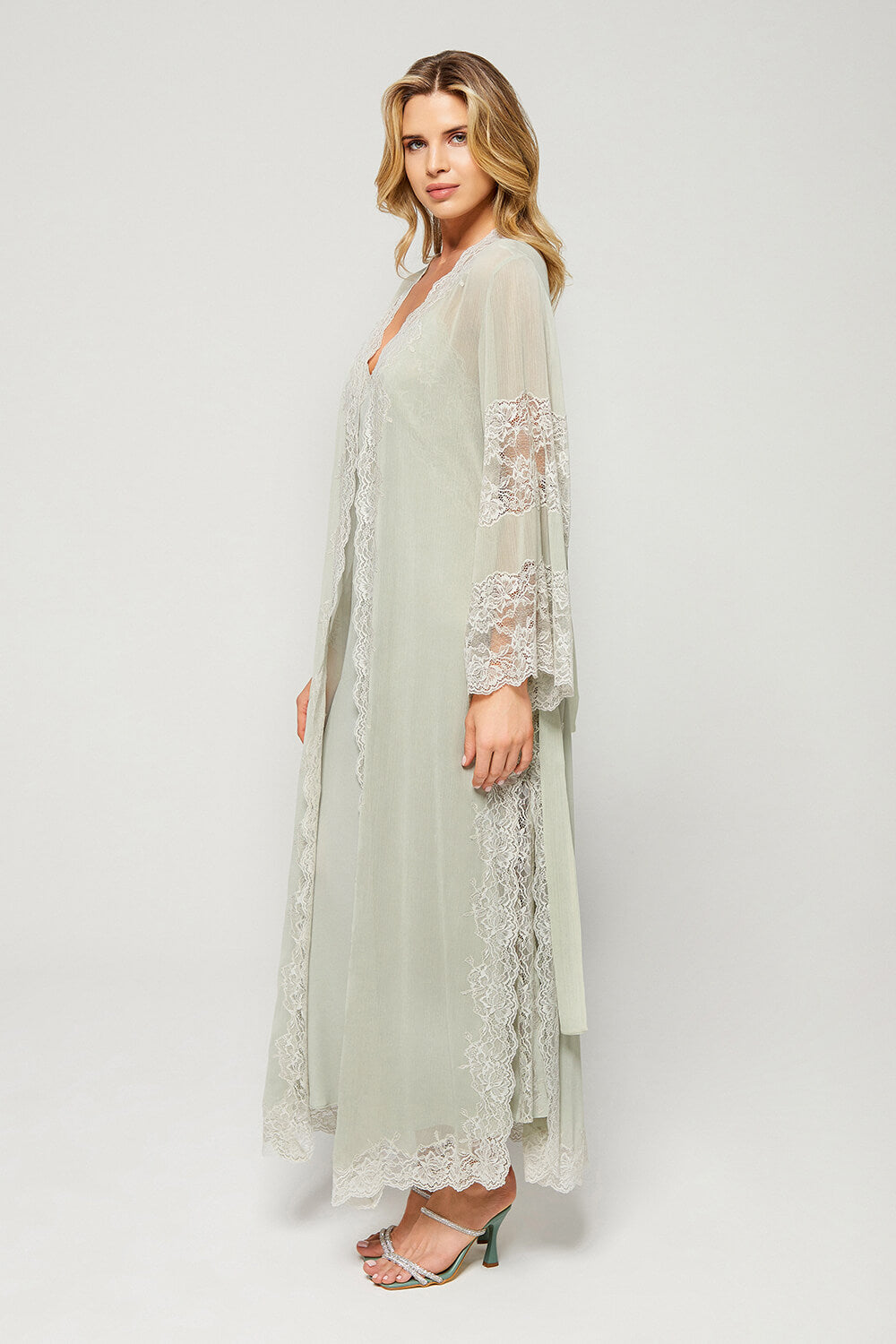 Lily - Long Silky Chiffon Robe Set - Mint Green on Mint Green