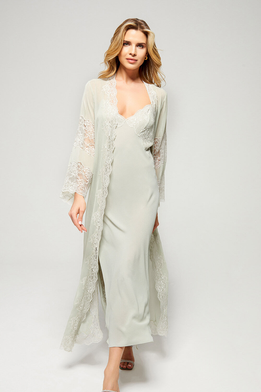 Lily - Long Silky Chiffon Robe Set - Mint Green on Mint Green