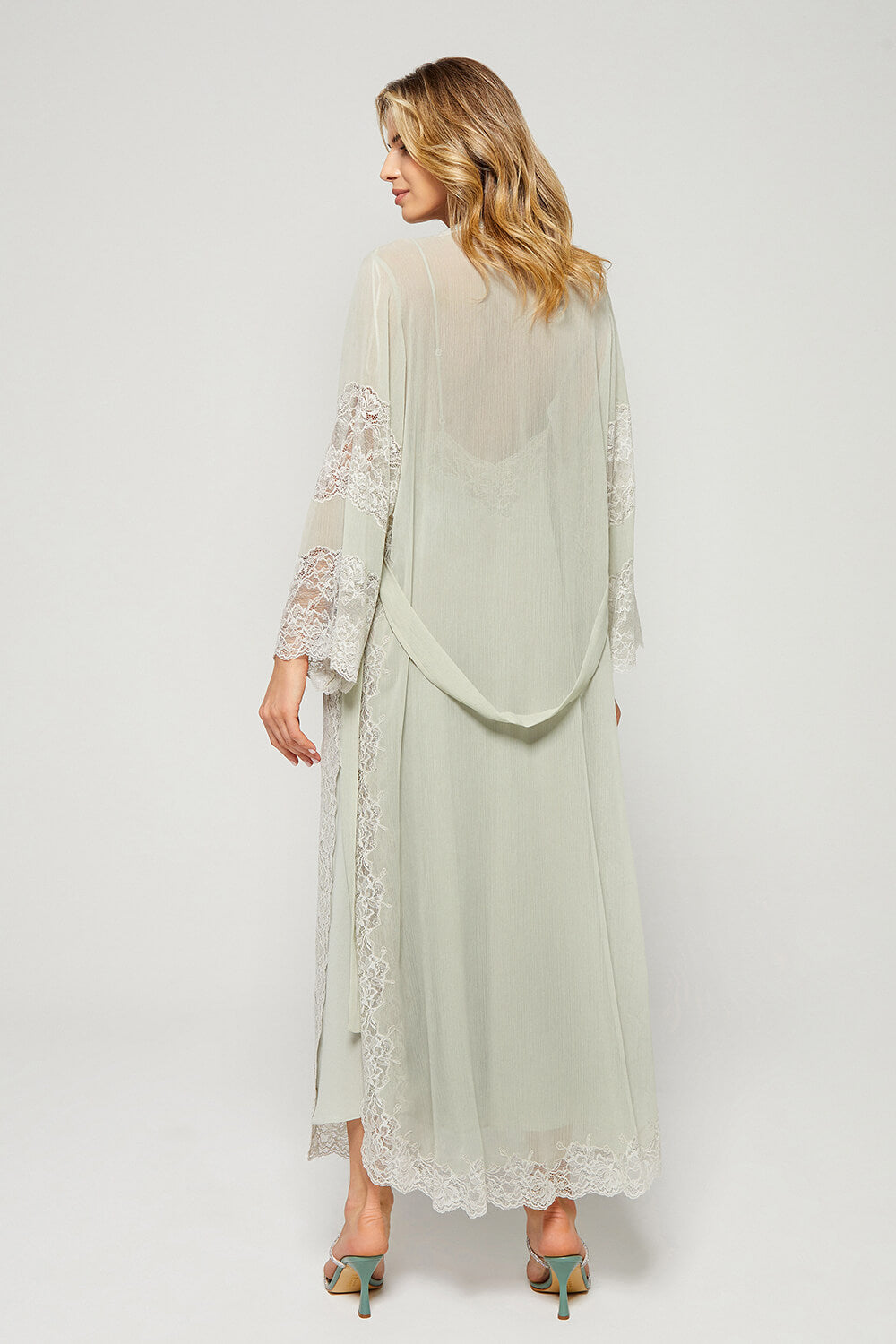 Lily - Long Silky Chiffon Robe Set - Mint Green on Mint Green