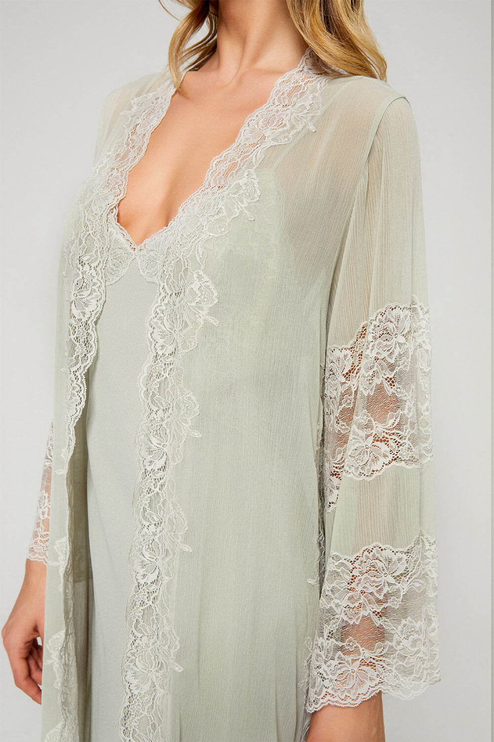 Lily - Long Silky Chiffon Robe Set - Mint Green on Mint Green