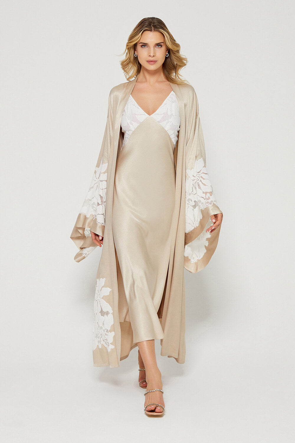 Argos Long Rayon Trimmed with Lace Robe Set - Beige