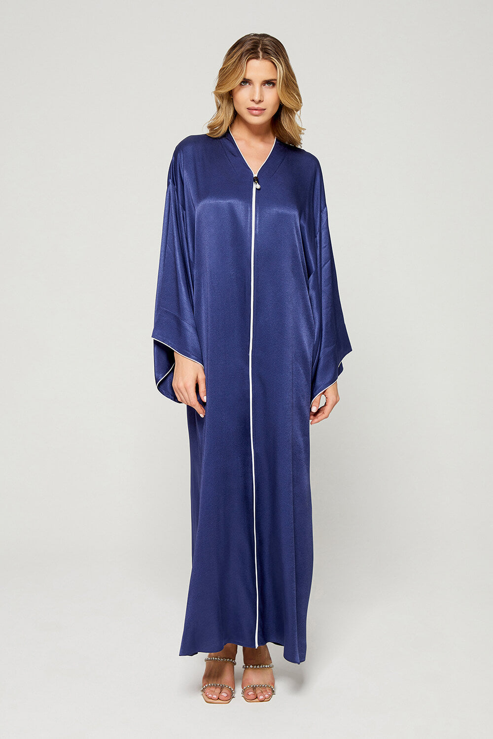 Ghada - Rayon Long Zippered Dress - Navy Blue with Off White Tape Details