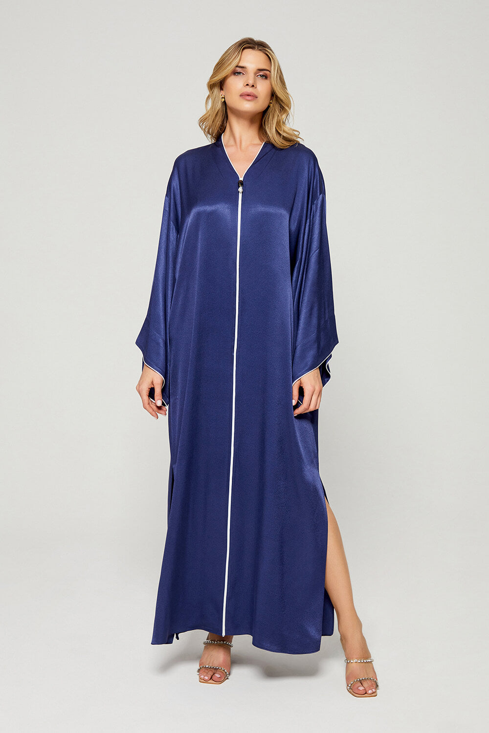 Ghada - Rayon Long Zippered Dress - Navy Blue with Off White Tape Details