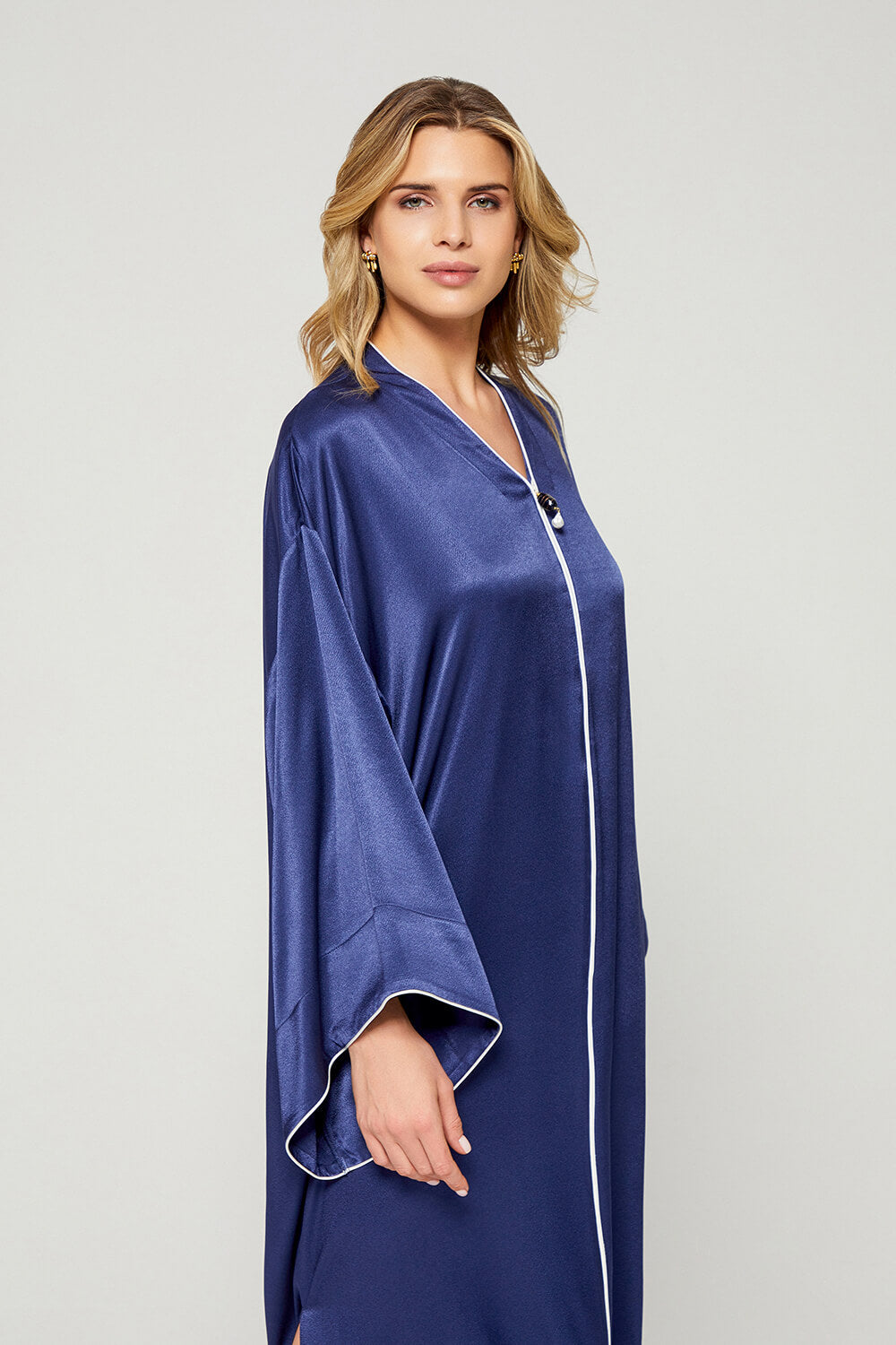Ghada - Rayon Long Zippered Dress - Navy Blue with Off White Tape Details