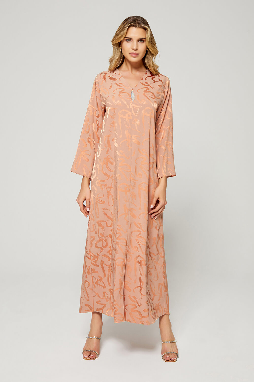 Sahara - Luxury Patterned and Zippered Rayon Full Length Dress - Dark Nude