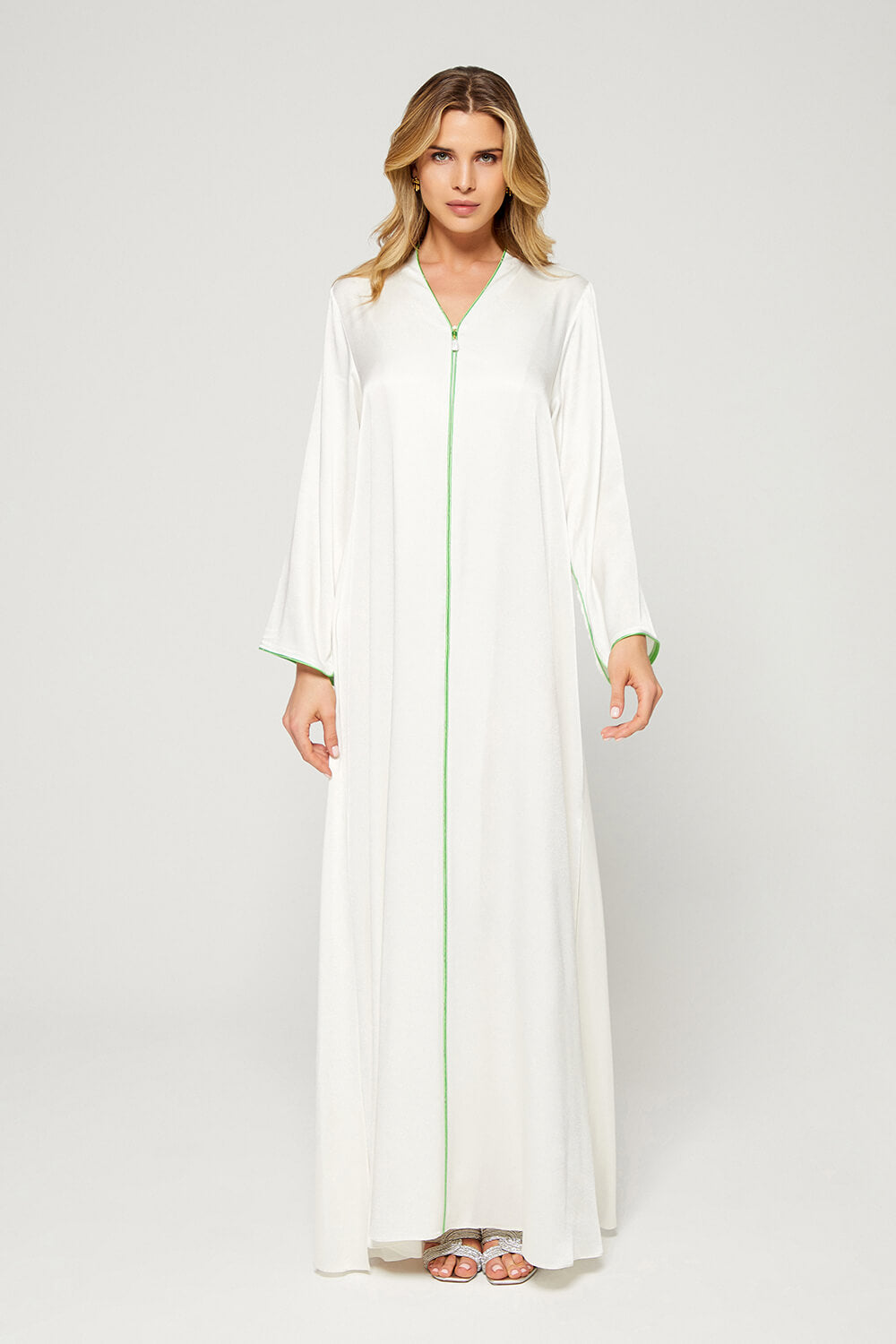 Brusa - Rayon Long Zippered Dress -Off White with Meadow Green Tape Details