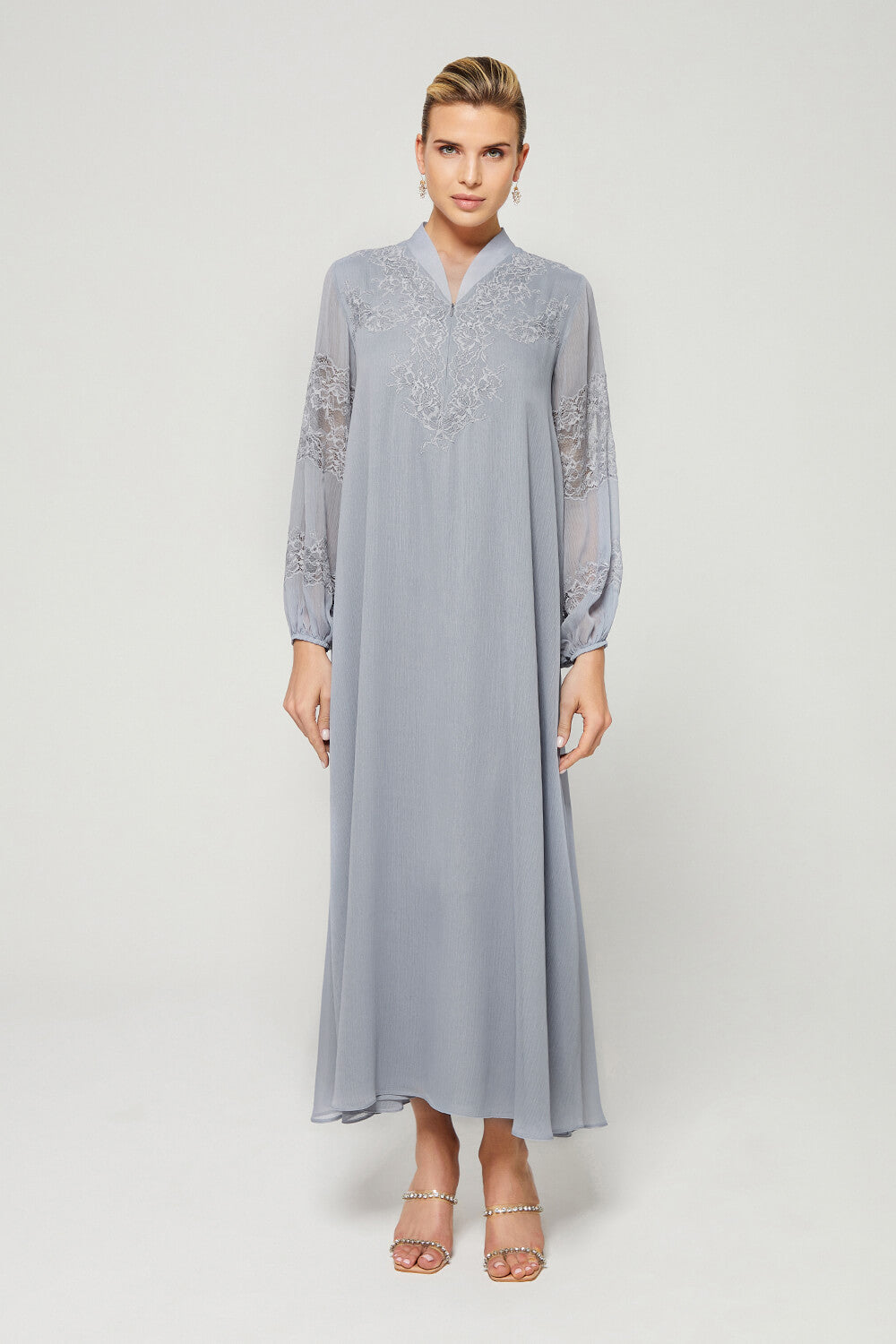 Flint-Luxury Silky Chiffon Trimmed Dress with Half Zipper - Light Grey
