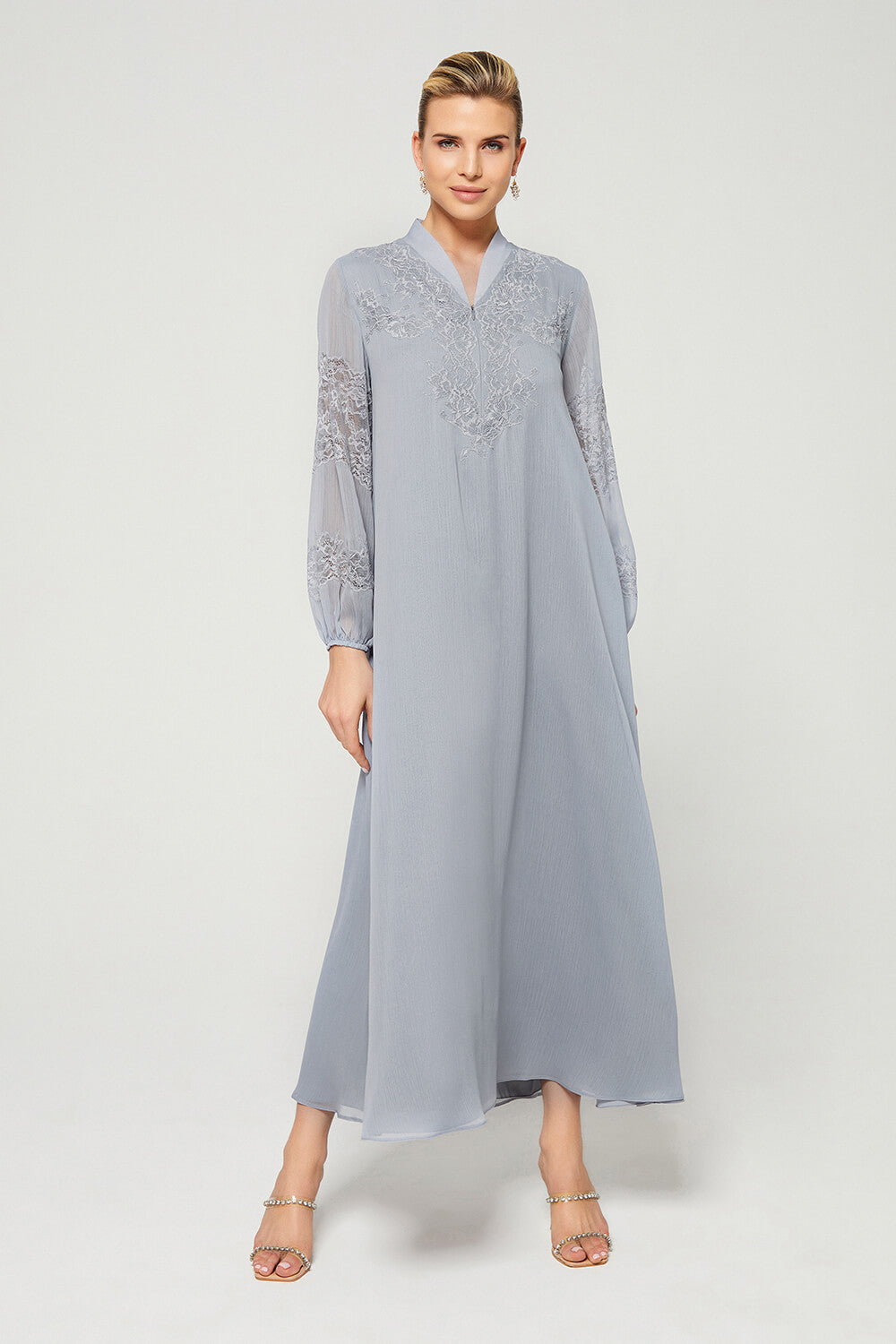 Flint-Luxury Silky Chiffon Trimmed Dress with Half Zipper - Light Grey
