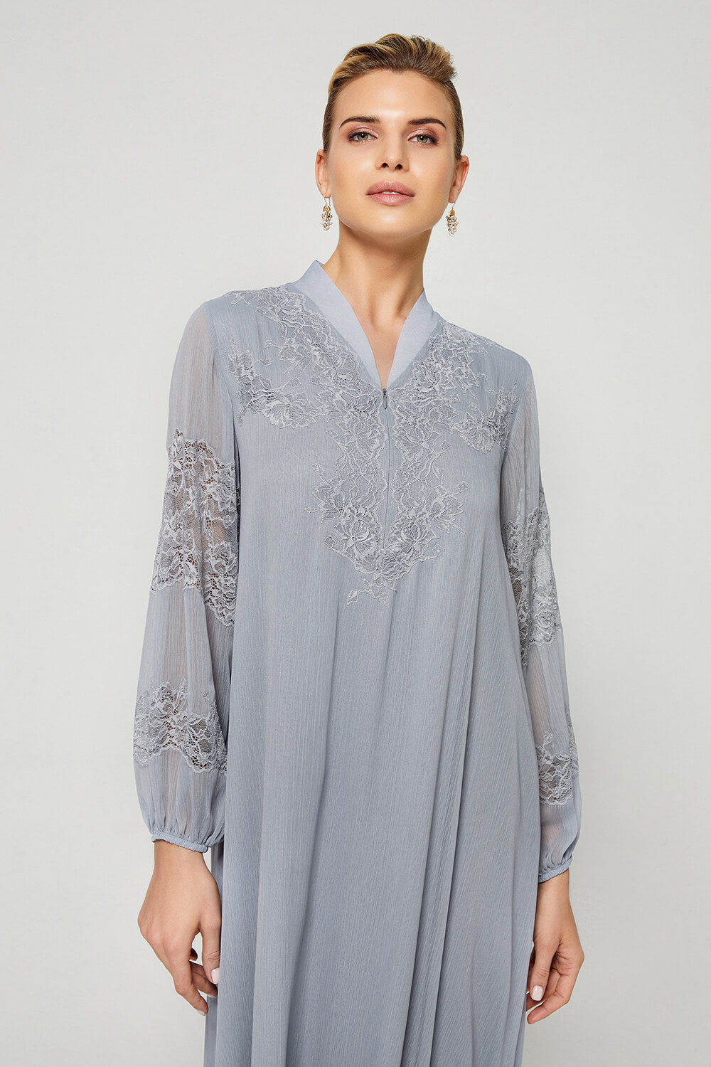 Flint-Luxury Silky Chiffon Trimmed Dress with Half Zipper - Light Grey