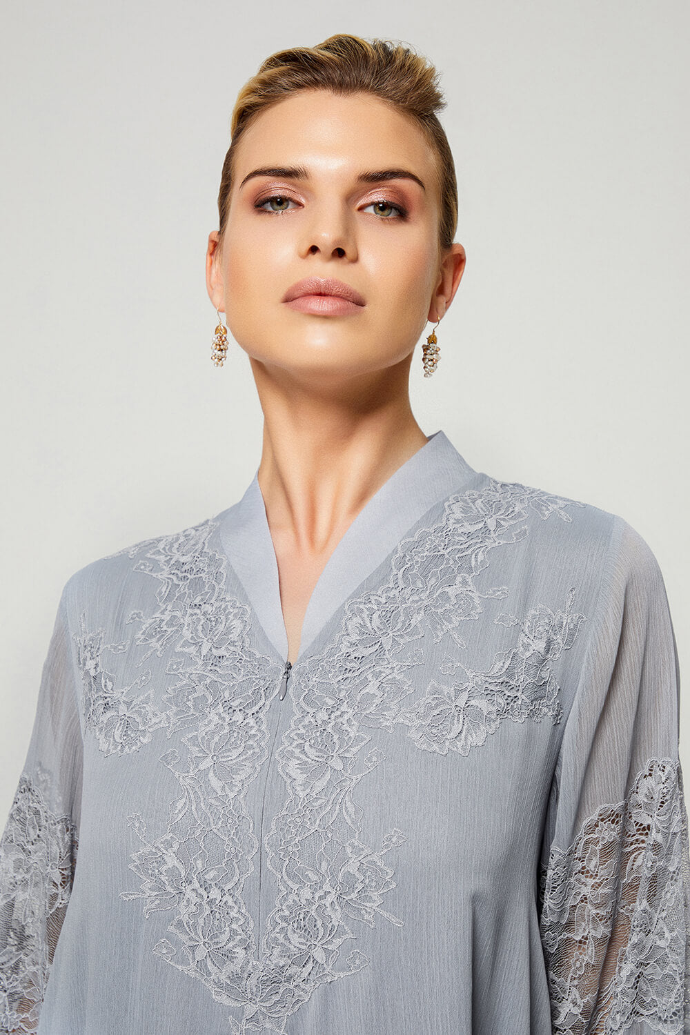 Flint-Luxury Silky Chiffon Trimmed Dress with Half Zipper - Light Grey