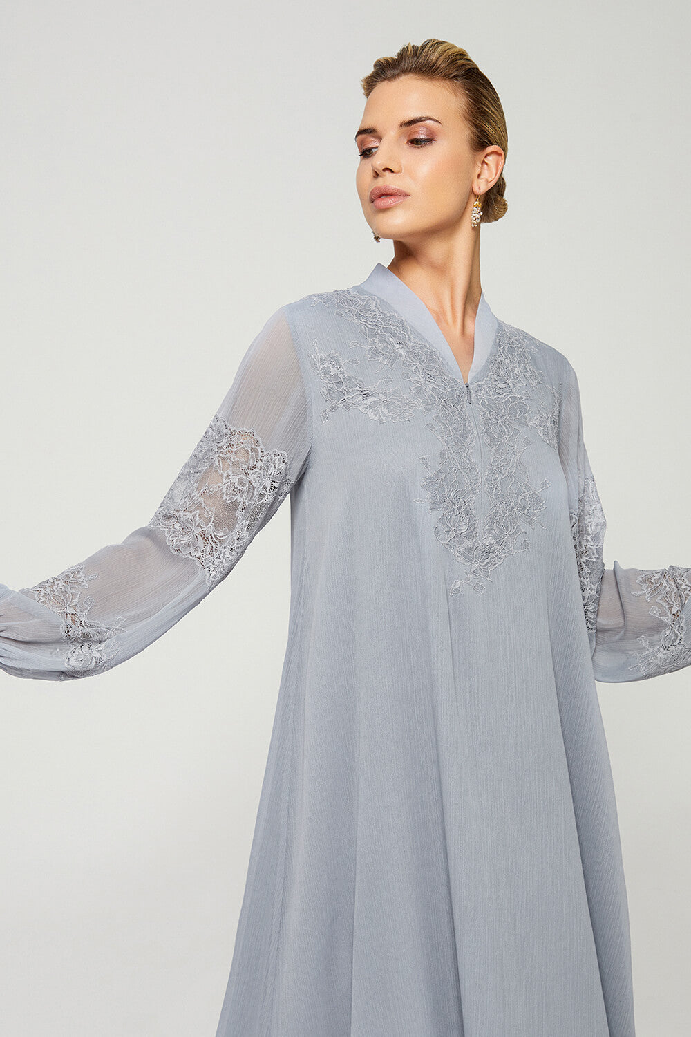 Flint-Luxury Silky Chiffon Trimmed Dress with Half Zipper - Light Grey