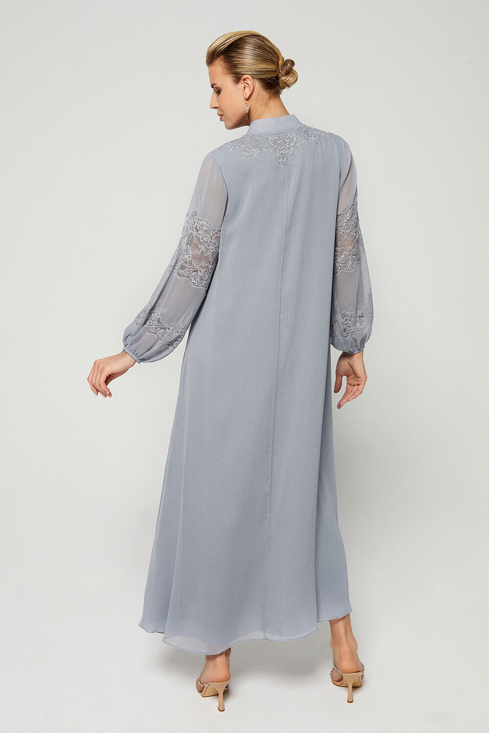 Flint-Luxury Silky Chiffon Trimmed Dress with Half Zipper - Light Grey