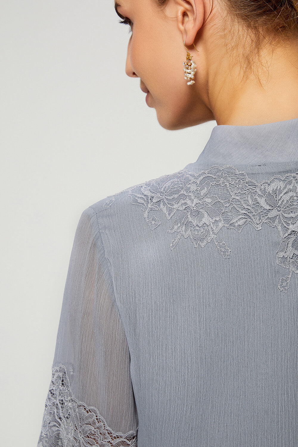 Flint-Luxury Silky Chiffon Trimmed Dress with Half Zipper - Light Grey