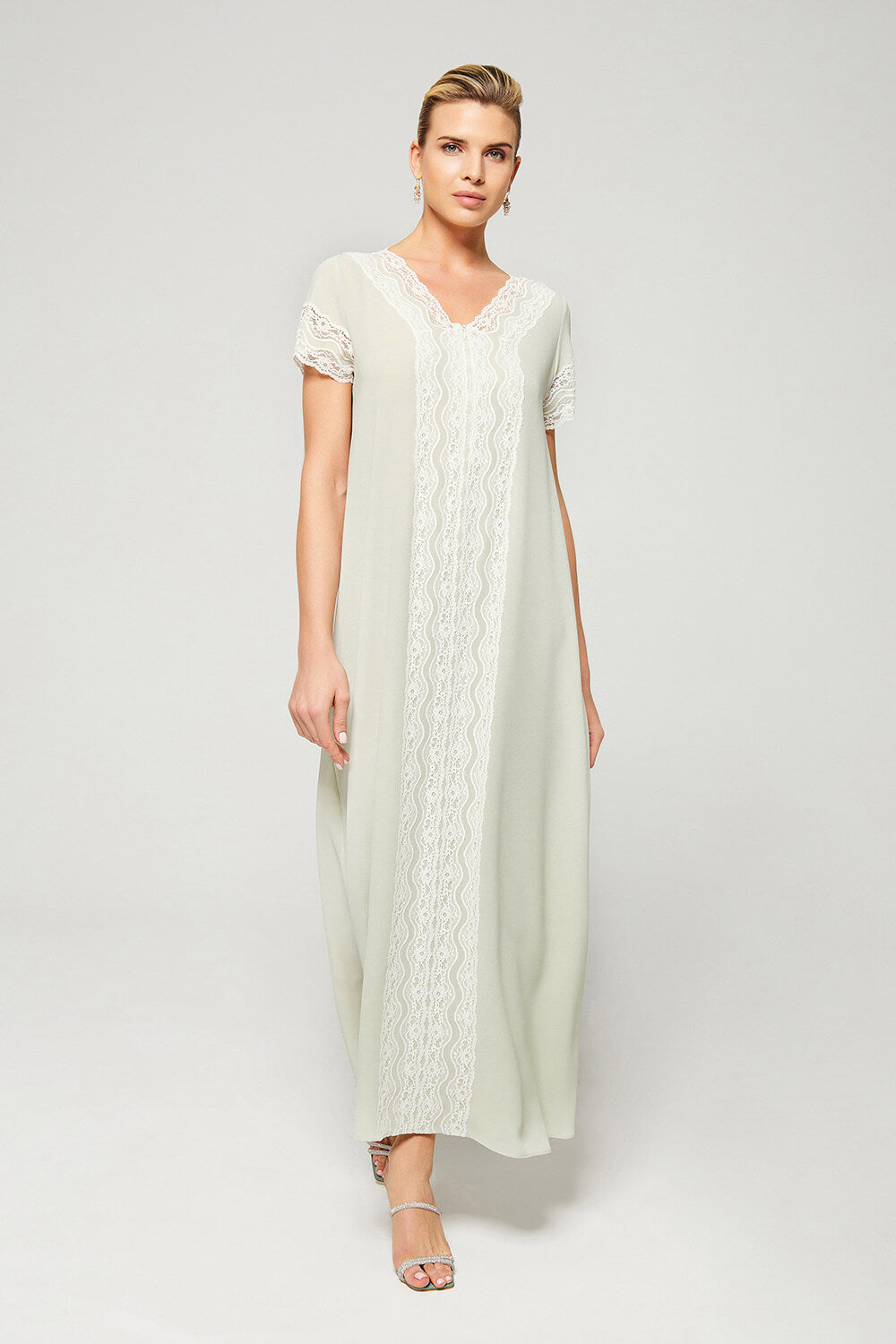Jade- Long Silky Crepe Trimmed Dress with Zipper - Mint Green