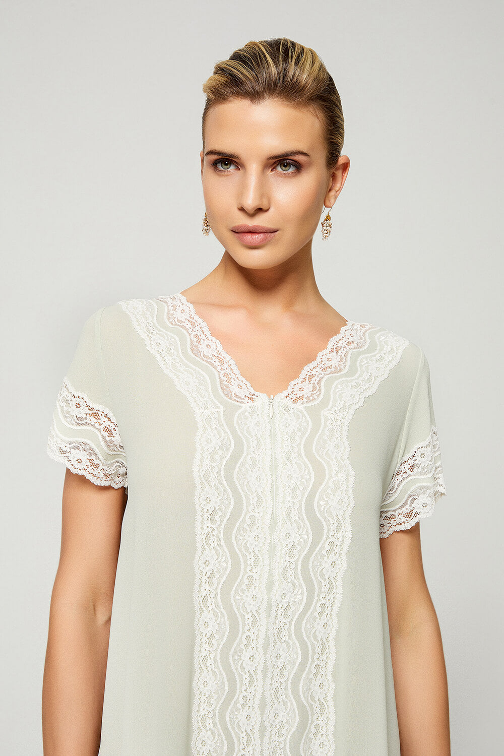 Jade- Long Silky Crepe Trimmed Dress with Zipper - Mint Green