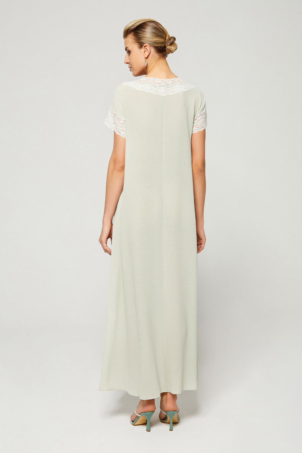 Jade- Long Silky Crepe Trimmed Dress with Zipper - Mint Green