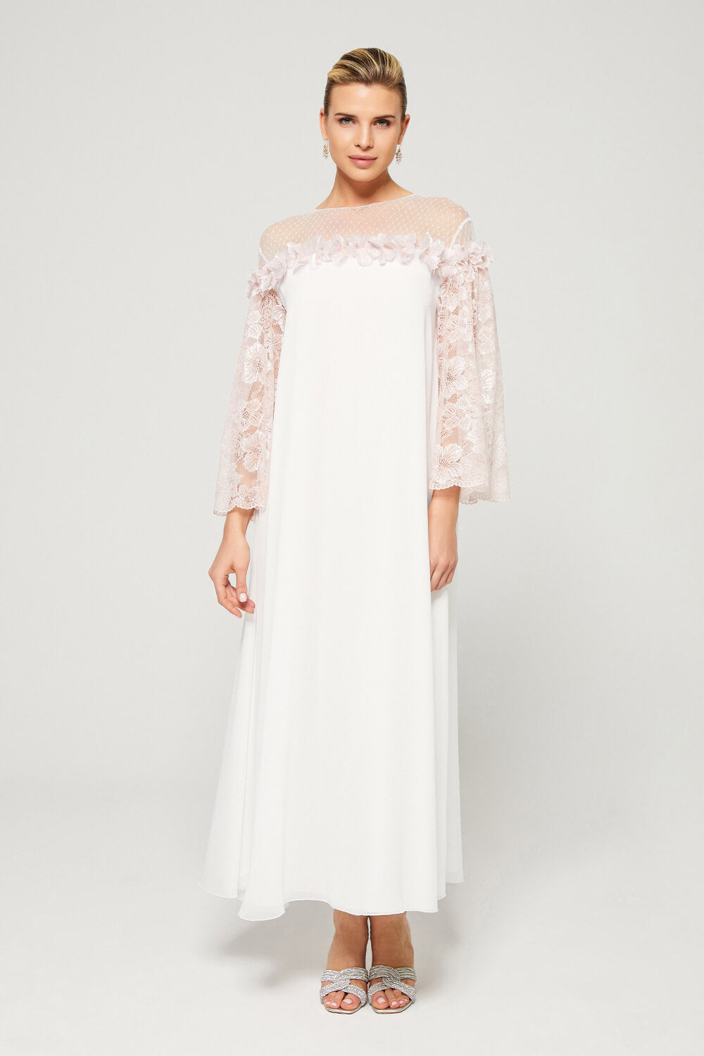 Silky Chiffon Embellished Dress Off White with Baby Pink Lace