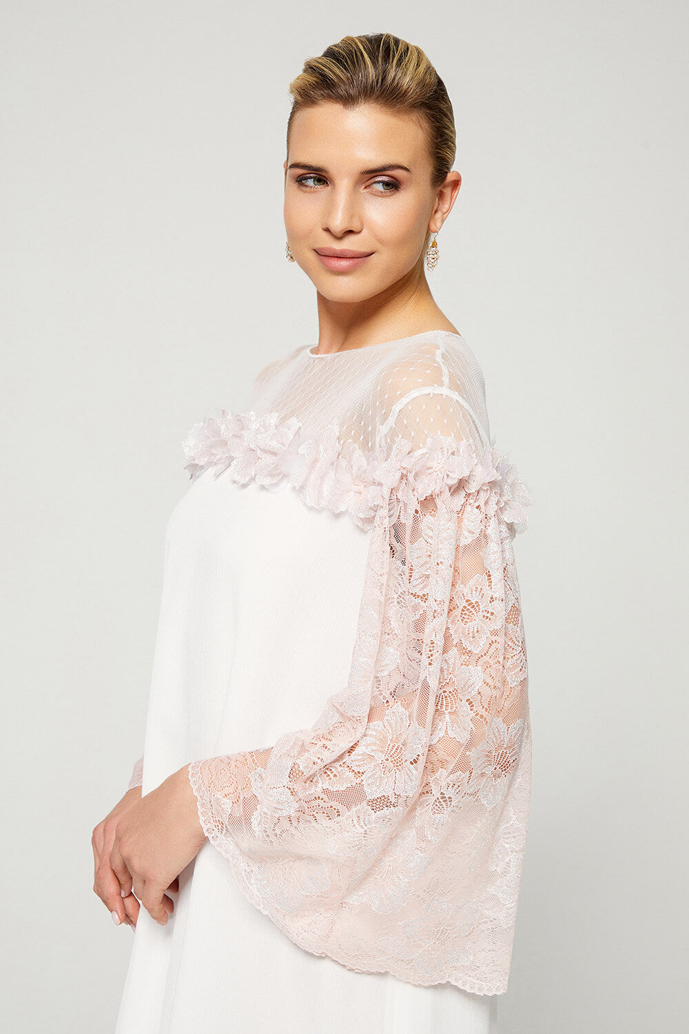 Silky Chiffon Embellished Dress Off White with Baby Pink Lace