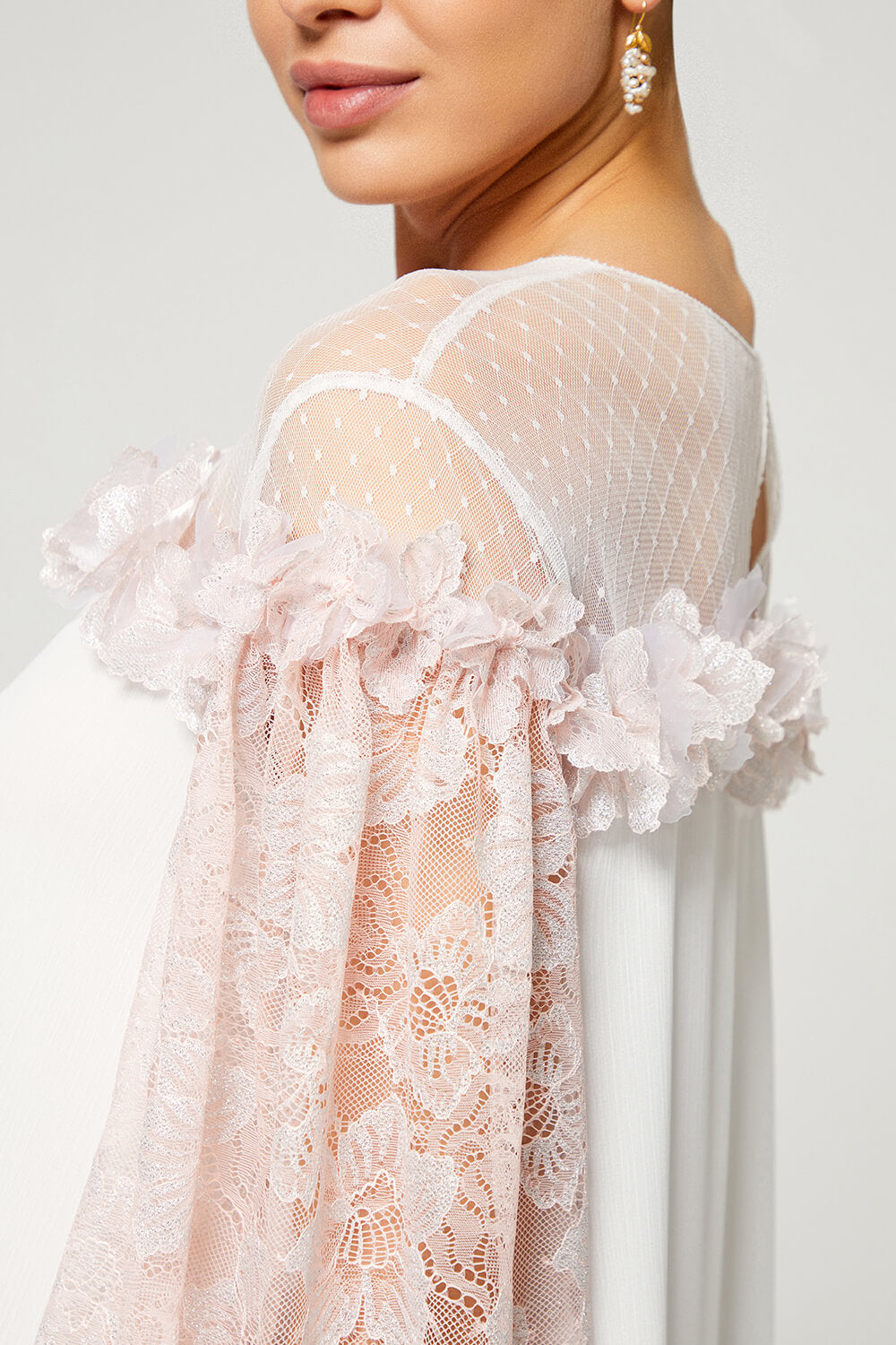 Silky Chiffon Embellished Dress Off White with Baby Pink Lace