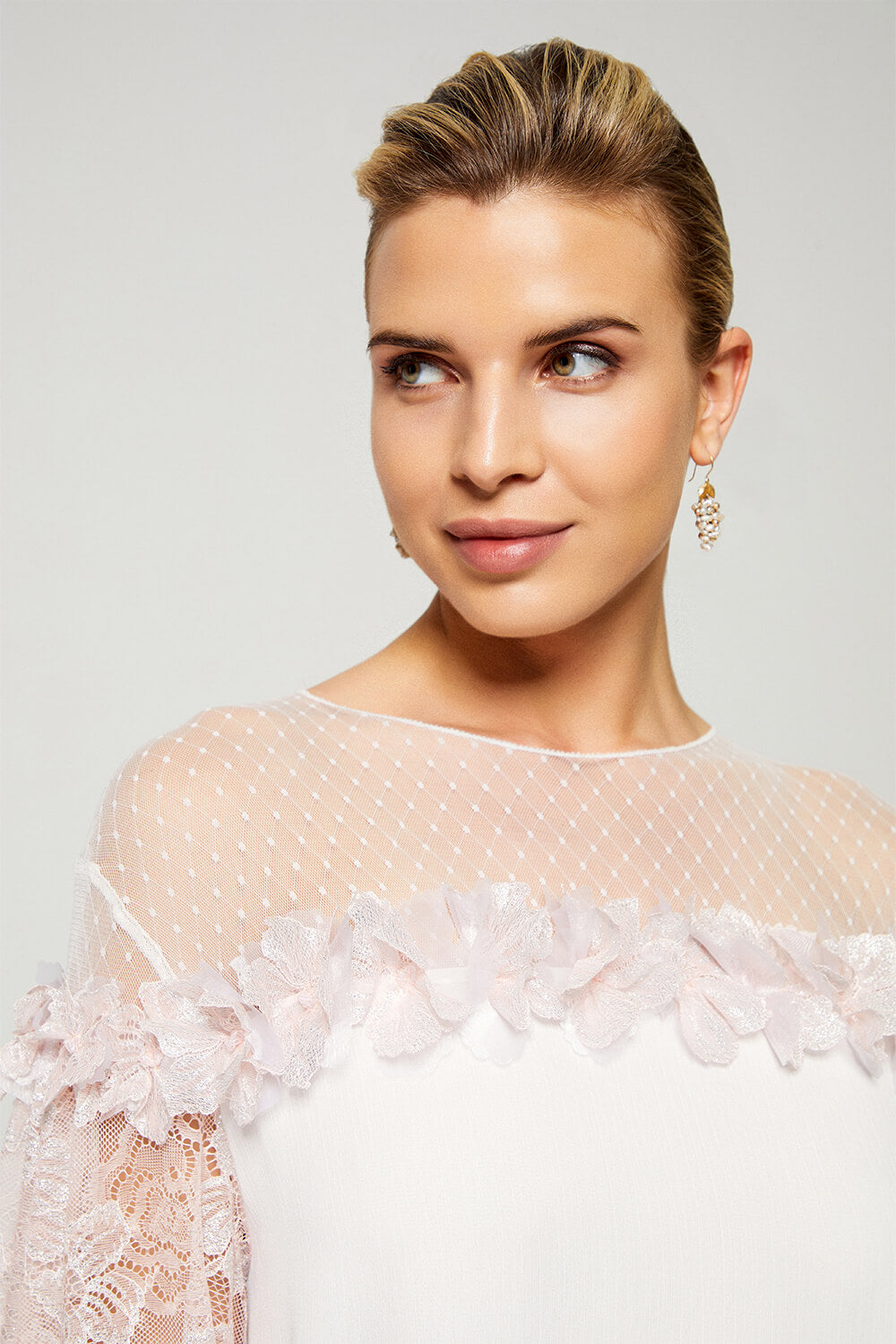 Silky Chiffon Embellished Dress Off White with Baby Pink Lace