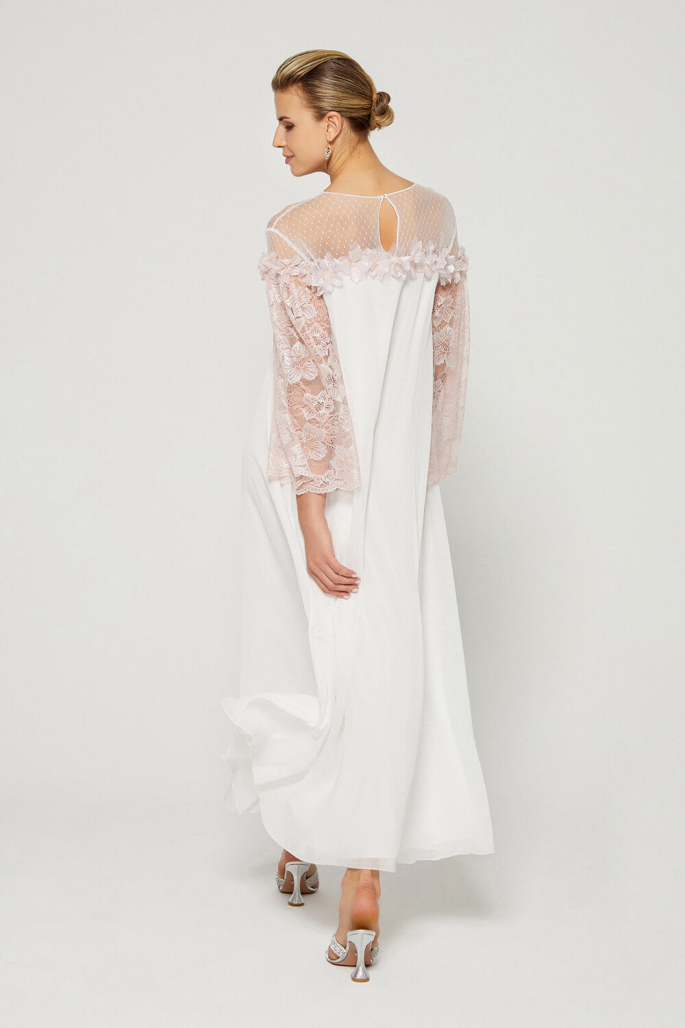 Silky Chiffon Embellished Dress Off White with Baby Pink Lace