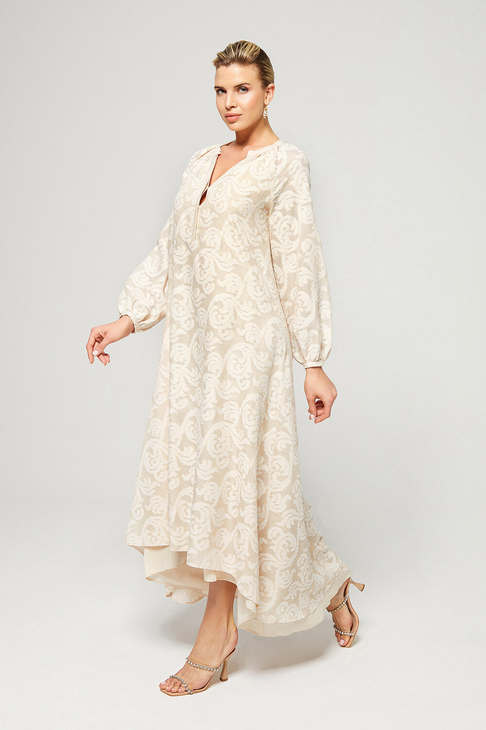 Pearl - Long Cotton Buttoned Dress- Sand
