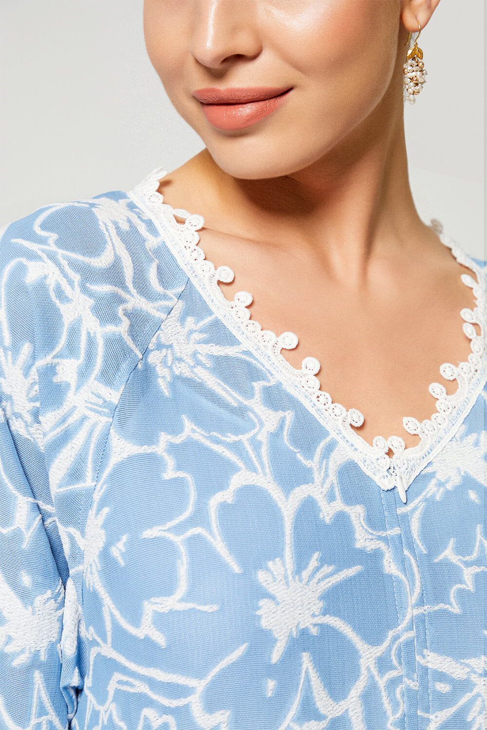 Aseel-Luxury Cotton Trimmed Dress with Zipper - Sky Blue