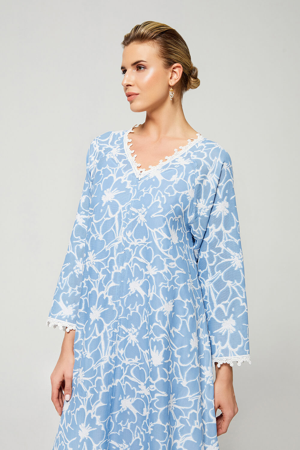 Aseel-Luxury Cotton Trimmed Dress with Zipper - Sky Blue