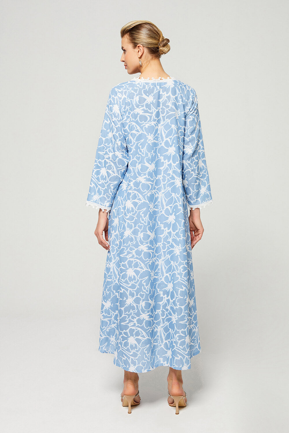 Aseel-Luxury Cotton Trimmed Dress with Zipper - Sky Blue
