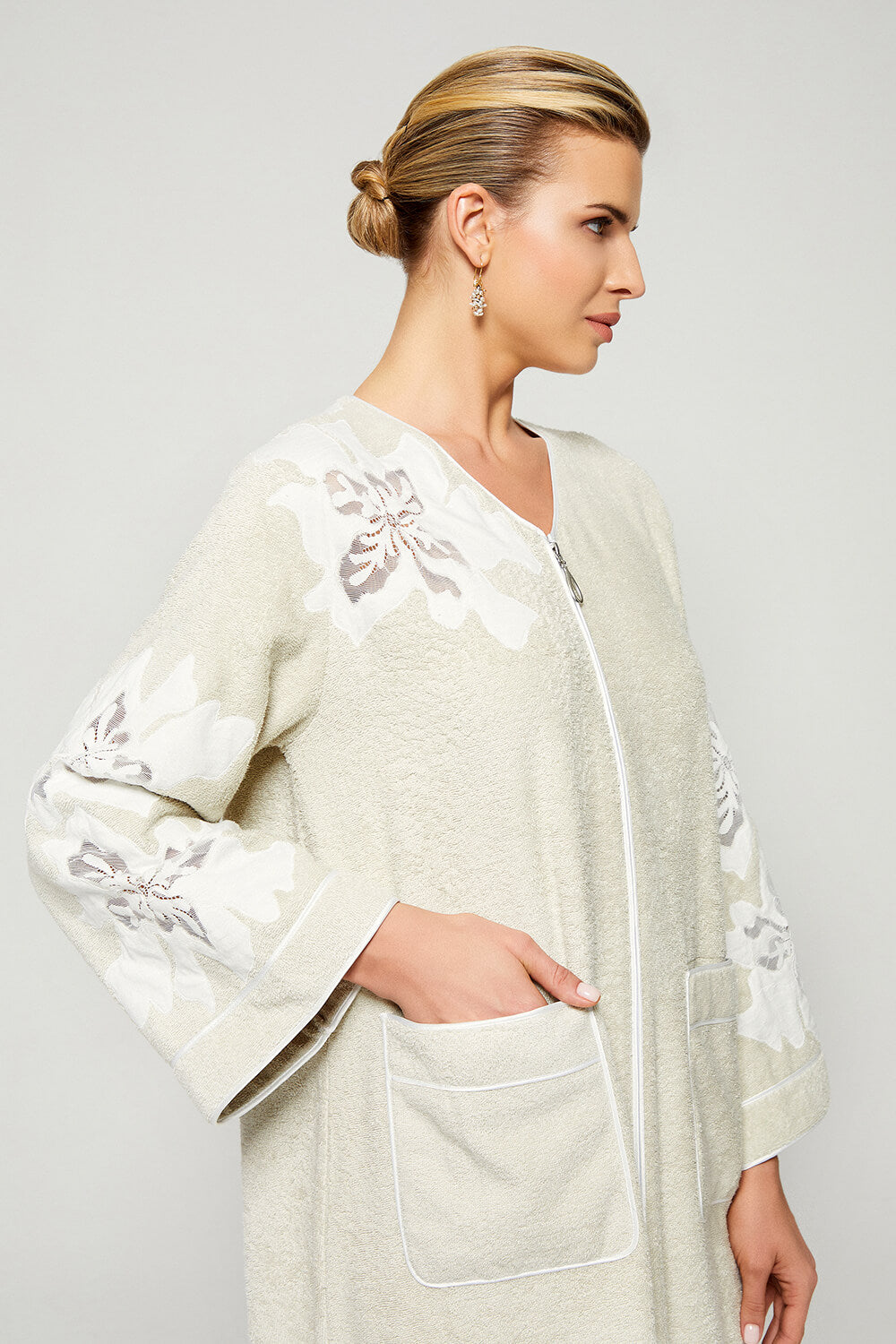Anitte - Zippered and Trimmed Cotton Bathrobe - Beige