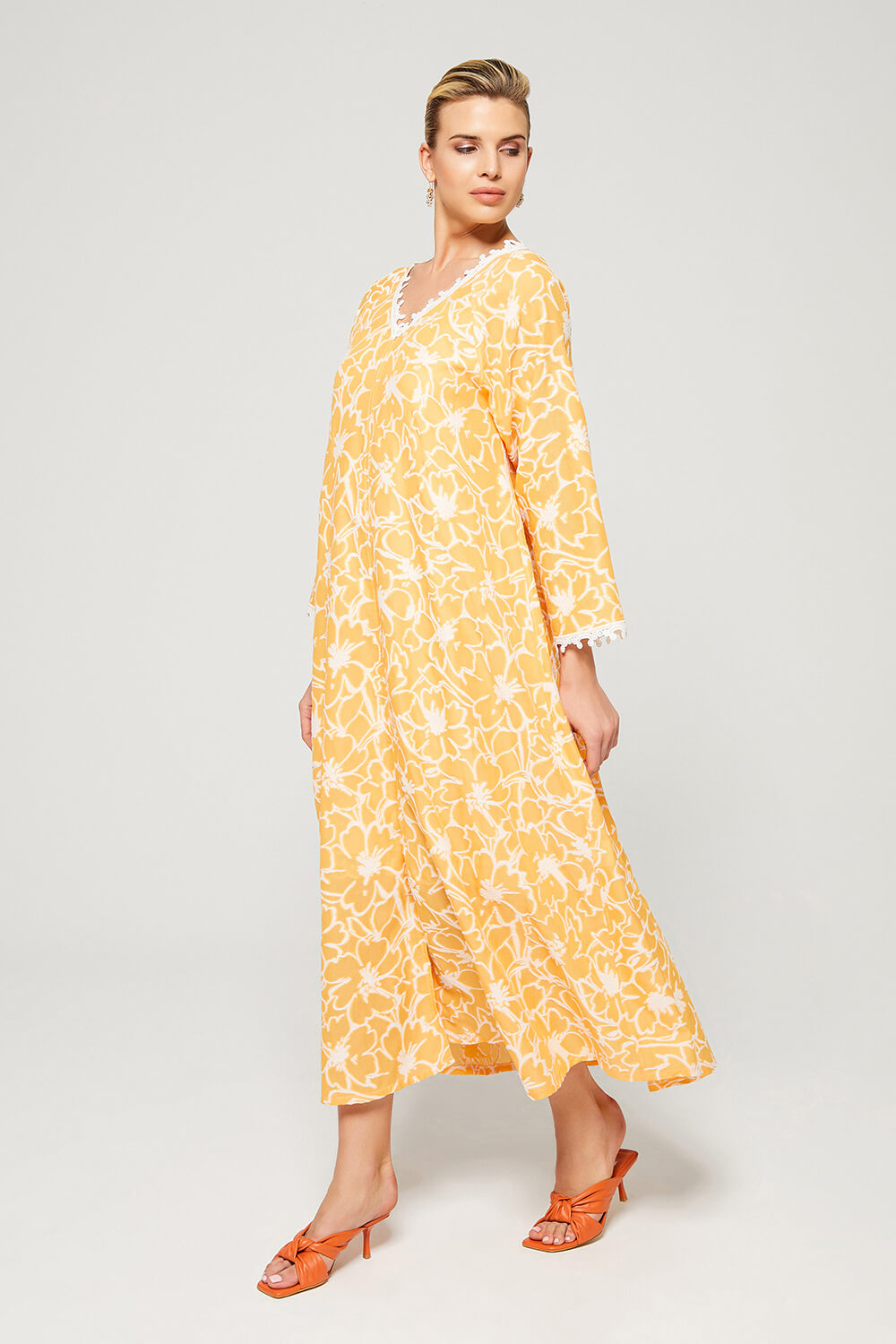 Aseel-Luxury Cotton Trimmed Dress with Zipper - Light Orange