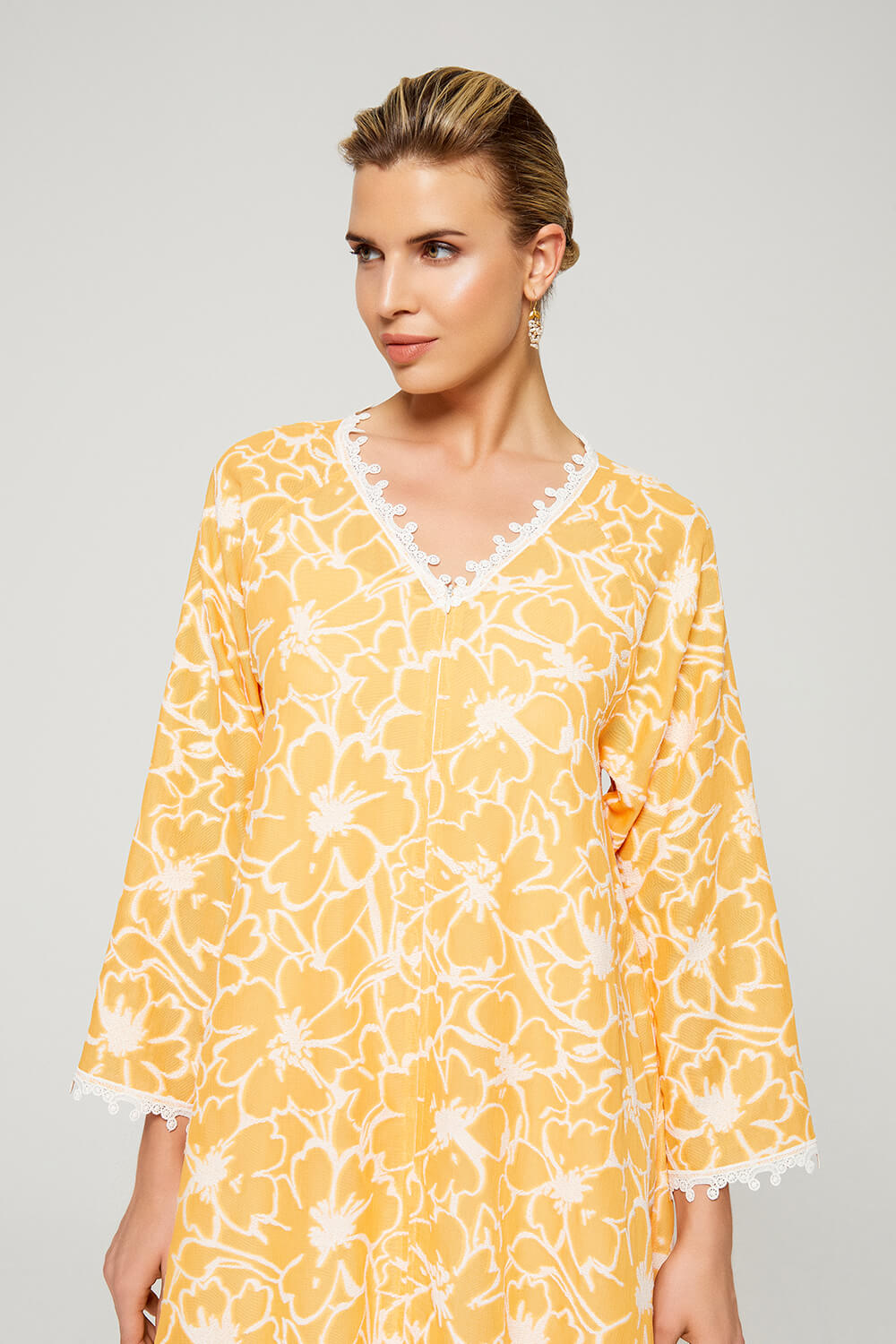 Aseel-Luxury Cotton Trimmed Dress with Zipper - Light Orange