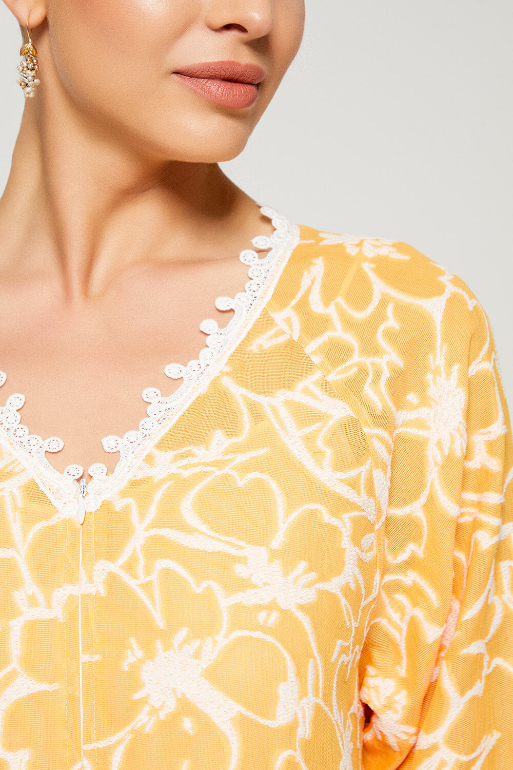 Aseel-Luxury Cotton Trimmed Dress with Zipper - Light Orange