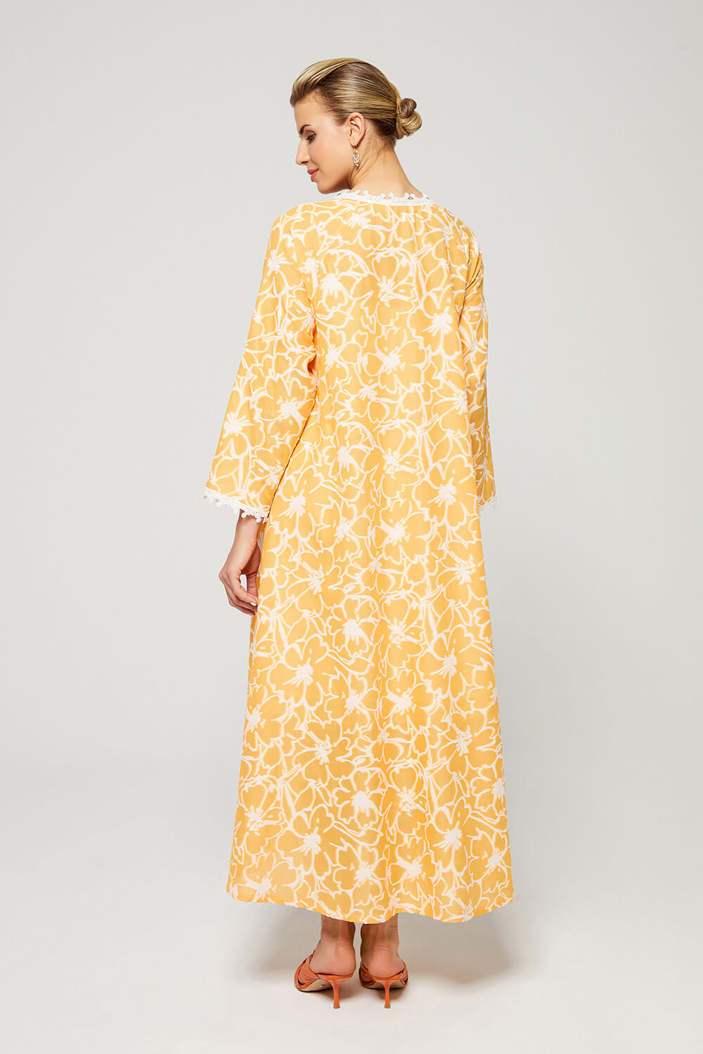 Aseel-Luxury Cotton Trimmed Dress with Zipper - Light Orange