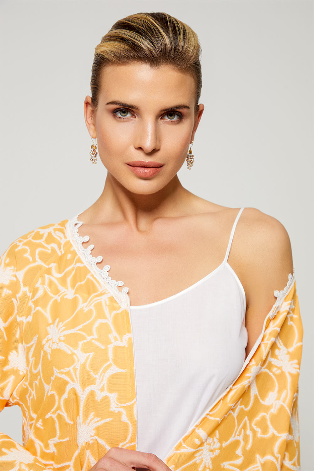 Aseel-Luxury Cotton Trimmed Dress with Zipper - Light Orange