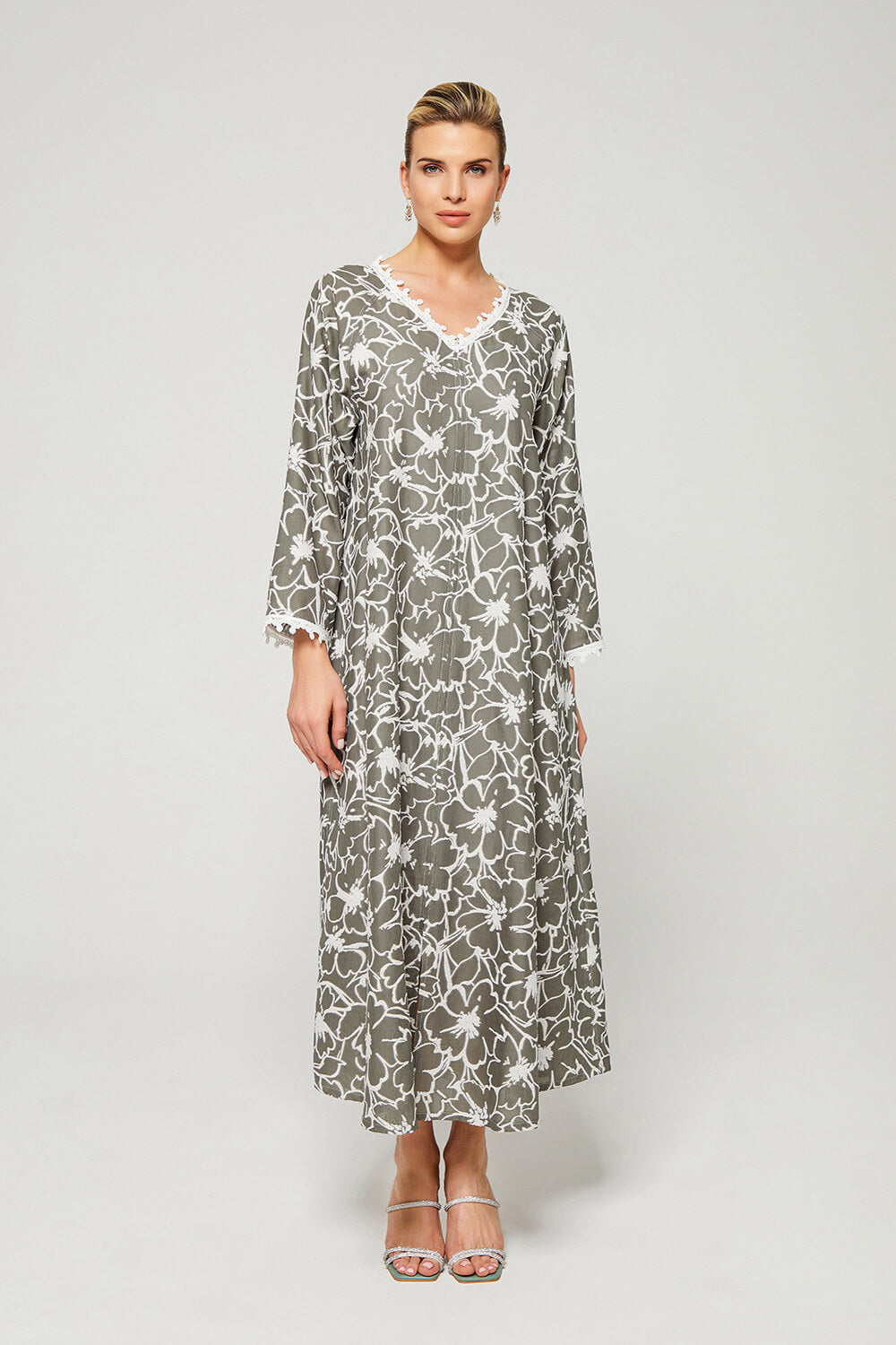 Aseel - Luxury Cotton Trimmed Dress with Zipper - Khaki