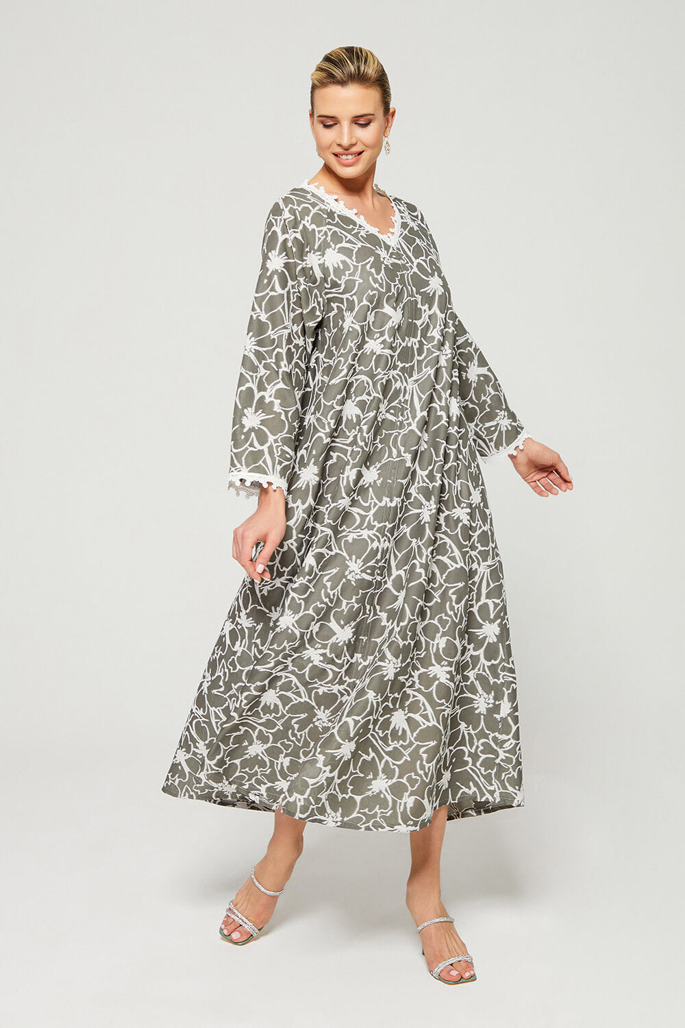 Aseel - Luxury Cotton Trimmed Dress with Zipper - Khaki