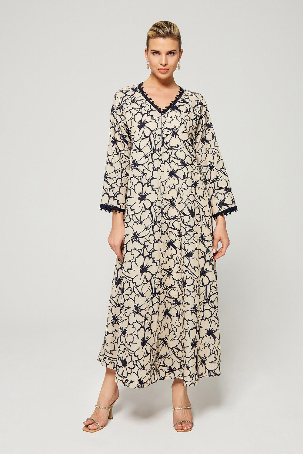 Aseel-Luxury Cotton Trimmed Dress with Zipper - Navy Blue Patterns on Light Beige