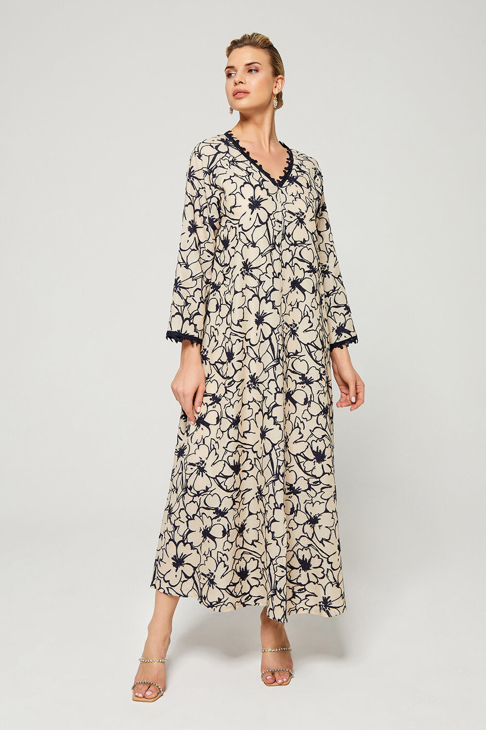 Aseel-Luxury Cotton Trimmed Dress with Zipper - Navy Blue Patterns on Light Beige