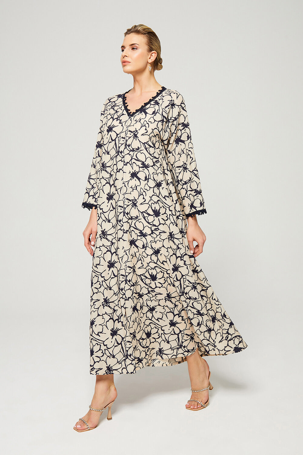 Aseel-Luxury Cotton Trimmed Dress with Zipper - Navy Blue Patterns on Light Beige