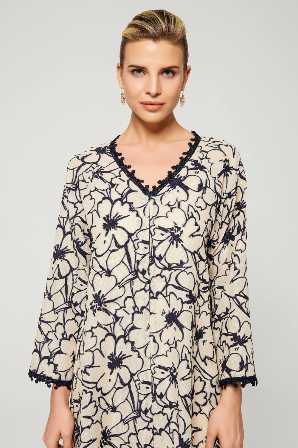 Aseel-Luxury Cotton Trimmed Dress with Zipper - Navy Blue Patterns on Light Beige