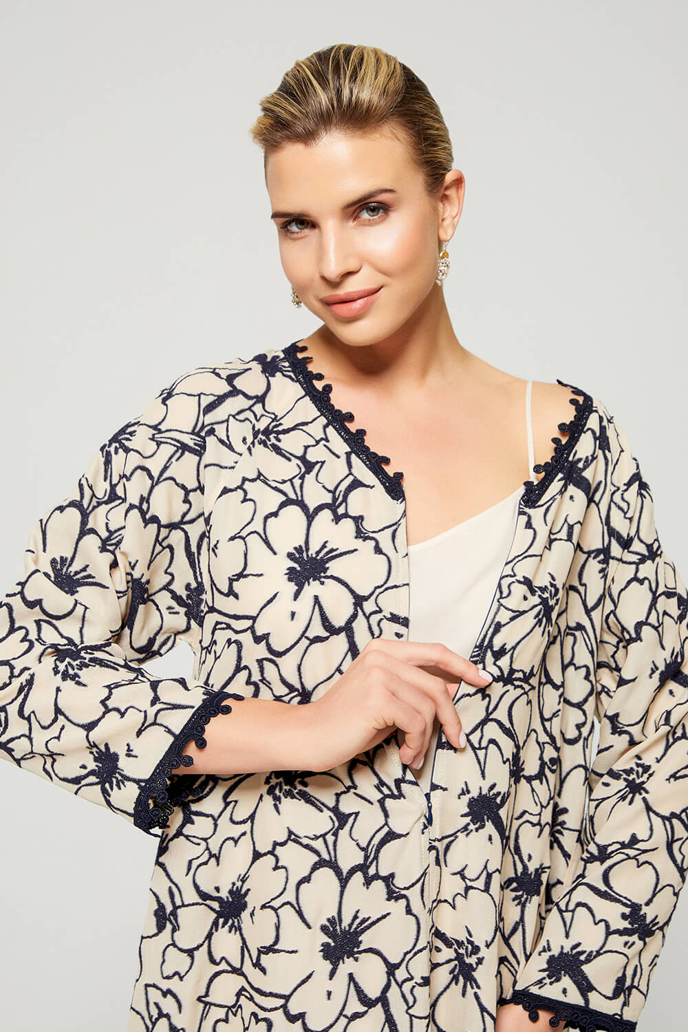 Aseel-Luxury Cotton Trimmed Dress with Zipper - Navy Blue Patterns on Light Beige