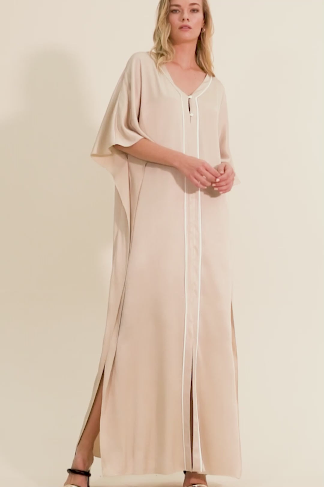 Cara - Long Rayon Buttoned Kaftan Dress - Sand