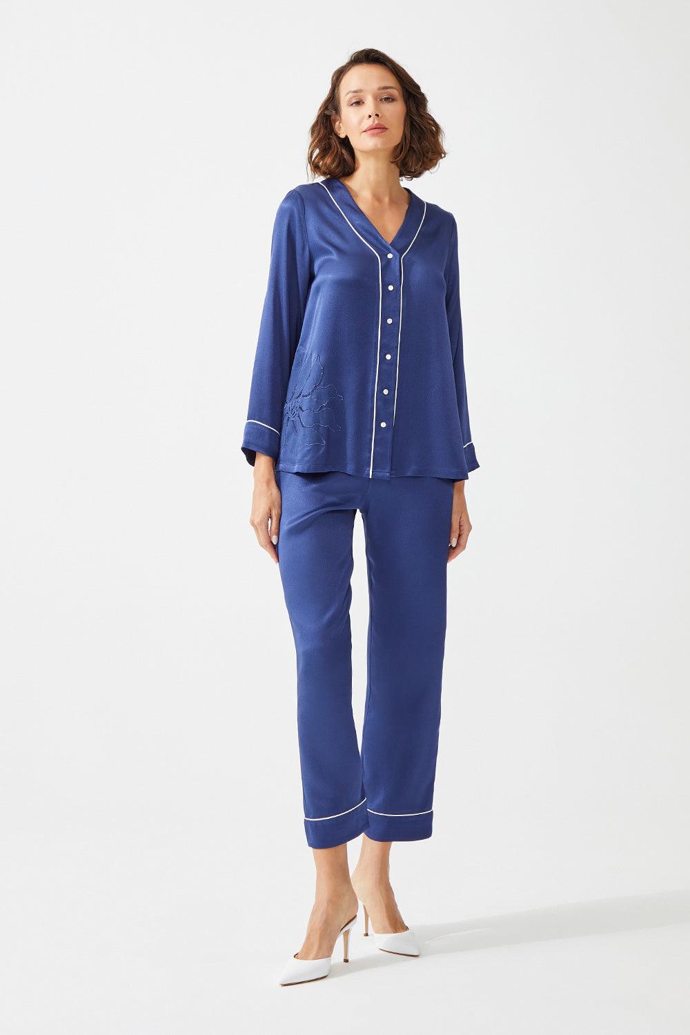 Abelia Trimmed Rayon and Buttoned Long Sleeve Pyjama Set - Navy Blue - Bocan