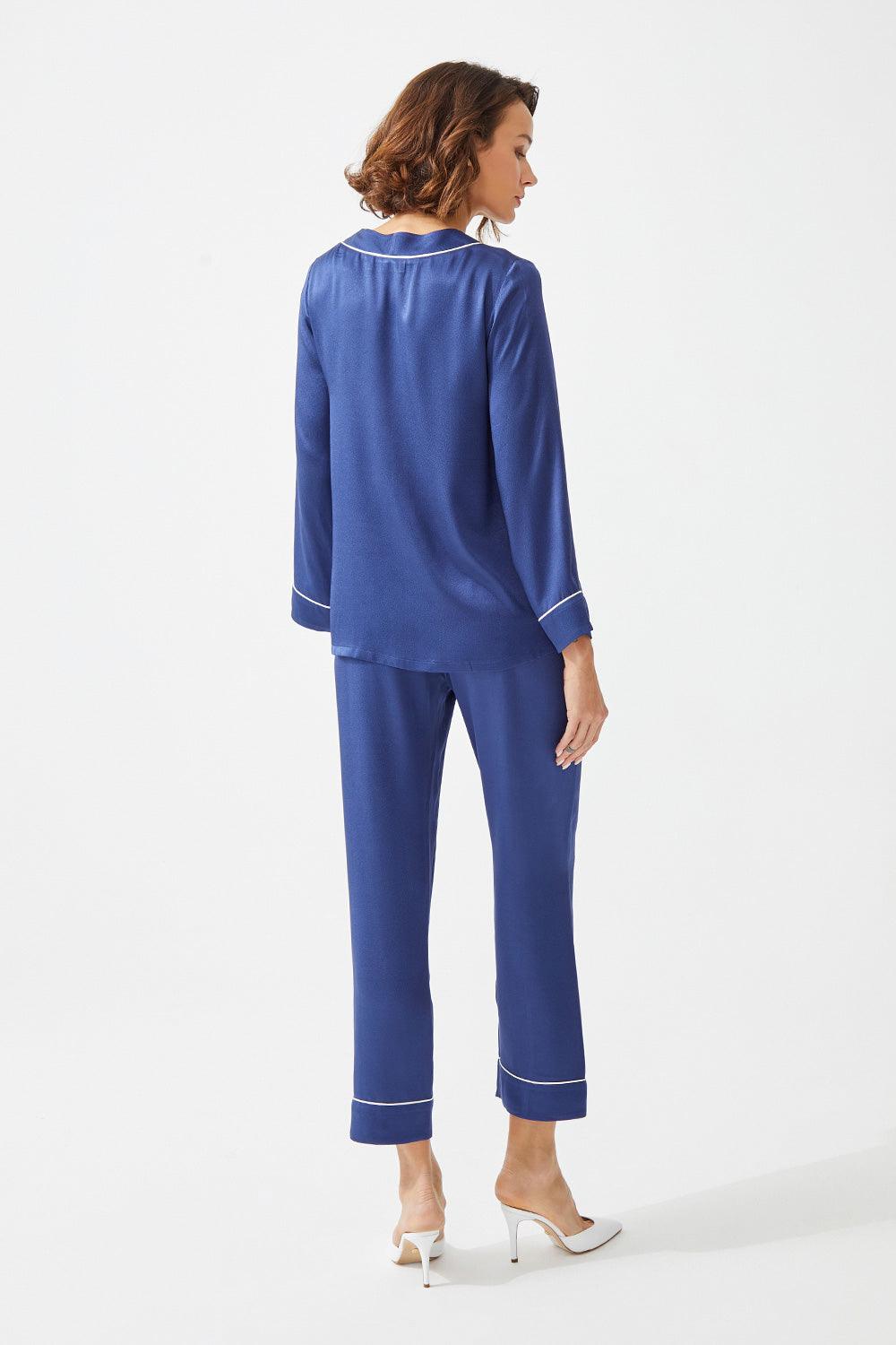 Abelia Trimmed Rayon and Buttoned Long Sleeve Pyjama Set - Navy Blue - Bocan