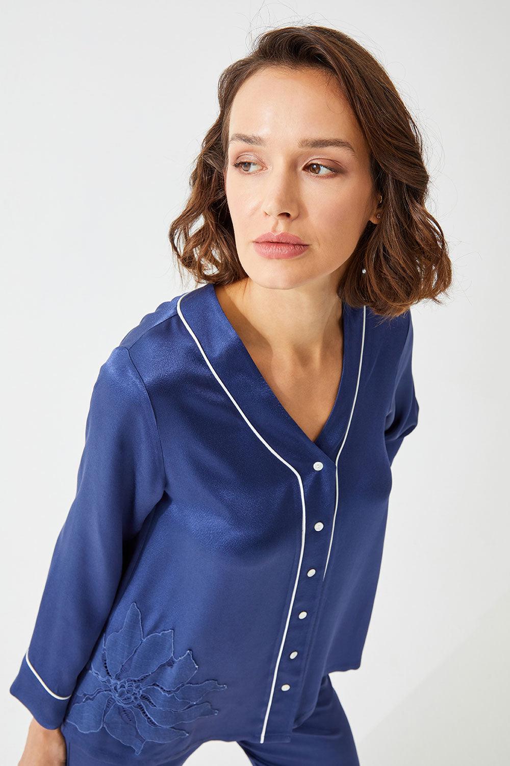 Abelia Trimmed Rayon and Buttoned Long Sleeve Pyjama Set - Navy Blue - Bocan