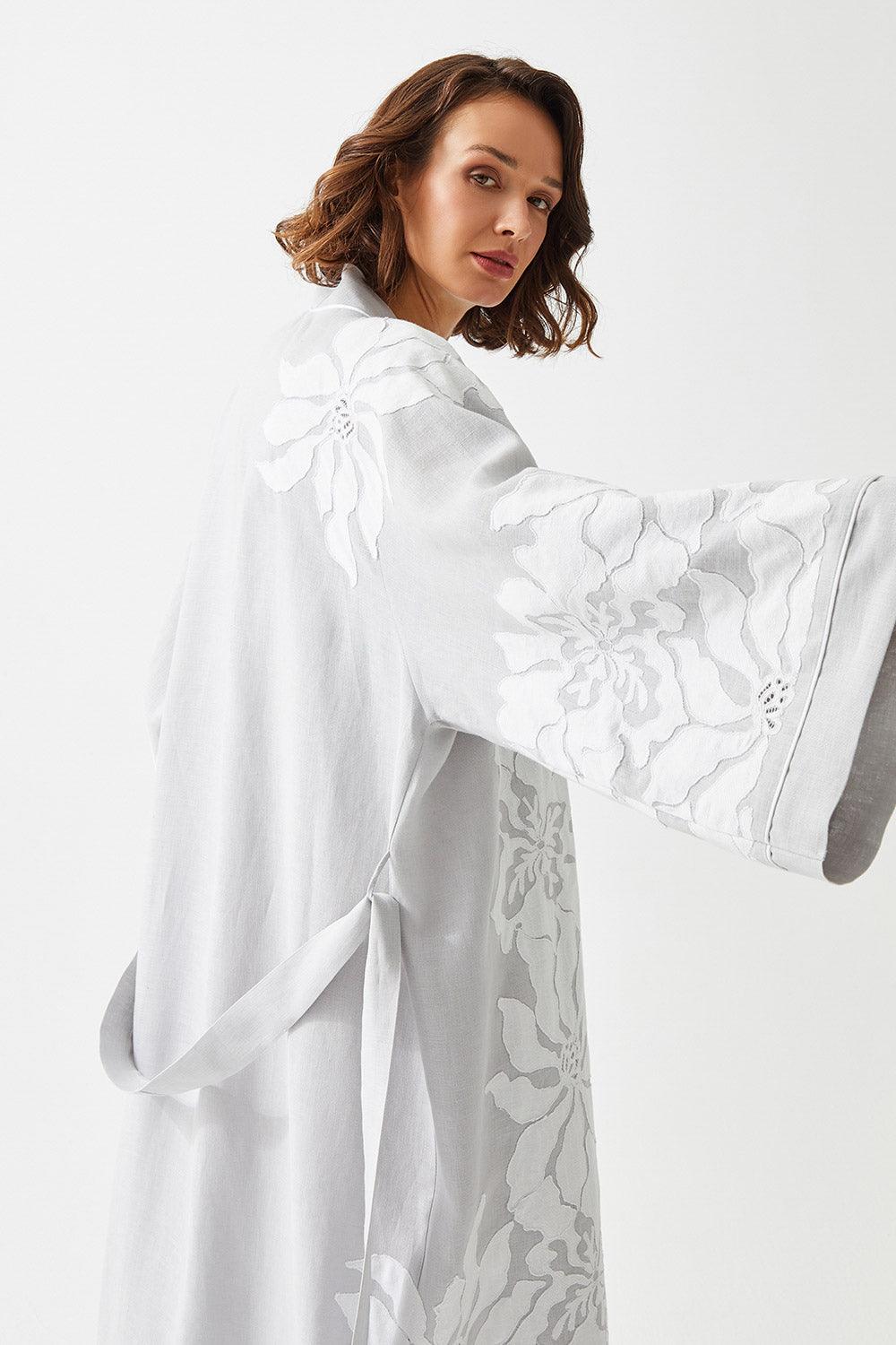 Acacia Long Linen Embroidered with Lace Kaftan Set - Bocan