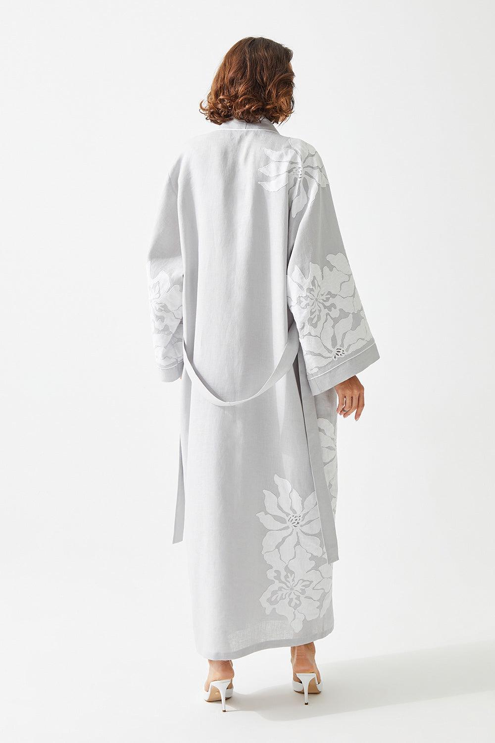 Acacia Long Linen Embroidered with Lace Kaftan Set - Bocan
