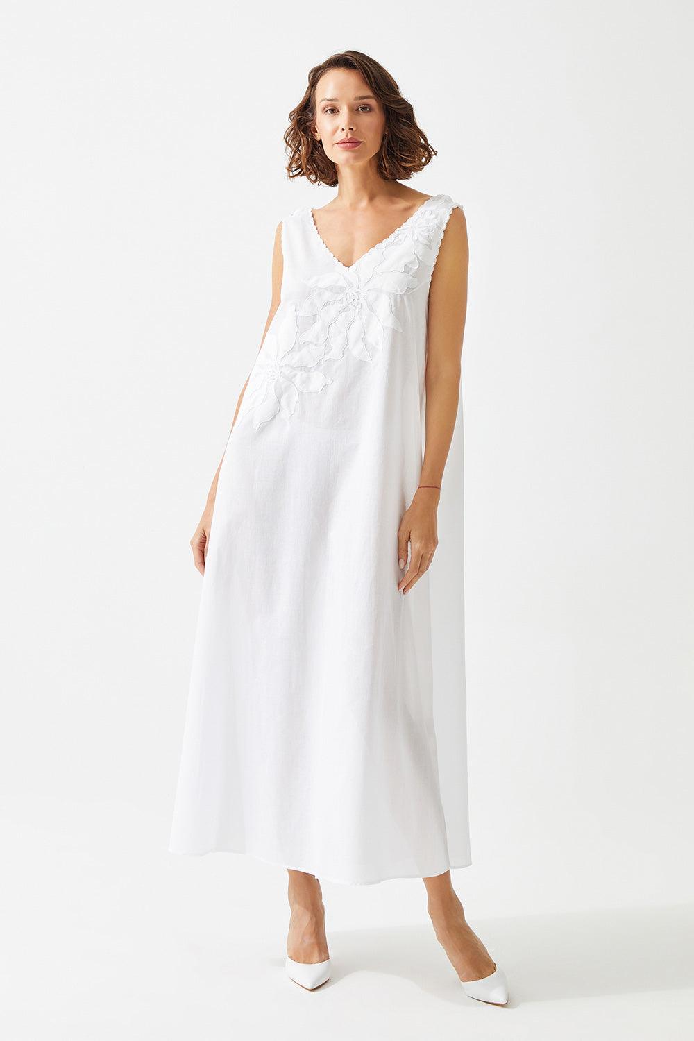 Aila Long Cotton Embroidered with Lace V Neck Nightgown - Off White